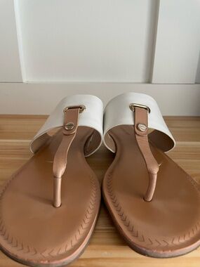 Gianni Bini White and Tan Leather Thong Sandals